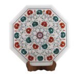 Handcrafted Marble Inlay Table Top with Floral Pietra Dura Design | Semi-Precious Stone Octagonal Side Table - Image 3
