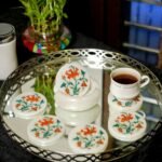 Handcrafted White Marble Inlay Coaster Set with Carnelian & Malachite Floral Art | Pietra Dura Work - Image 3