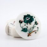 Handcrafted Marble Inlay Coaster Set with Malachite Floral Design | Semi-Precious Stone Pietra Dura Art - Image 3