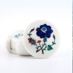 Luxury Marble Inlay Coaster Set with Blue Rose Design | Handcrafted Semi-Precious Stone Pietra Dura Coasters - Image 2