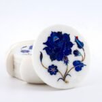 White Marble Inlay Coaster Set with Lapis Lazuli Floral Design – Handcrafted Pietra Dura Art - Image 3
