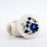 Handcrafted White Marble Inlay Coaster Set with Lapis Lazuli & Mother of Pearl Floral Art - Image 3