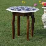 Luxury Handcrafted Marble Inlay Table Top with Blue Floral Pietra Dura Design | Semi-Precious Stone Octagonal Side Table - Image 2