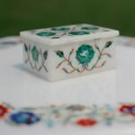 Handcrafted Marble Jewellery Box with Green Floral Semi-Precious Stone Inlay | Luxury Pietra Dura Trinket Box from Agra - Image 2