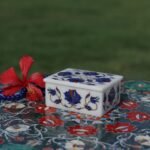 Handcrafted Marble Jewellery Box with Blue Floral Semi-Precious Stone Inlay | Luxury Pietra Dura Trinket Box from Agra - Image 2