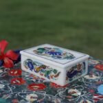 Handcrafted Marble Jewellery Box with Peacock Floral Semi-Precious Stone Inlay | Pietra Dura Marble Art Box from Agra - Image 2