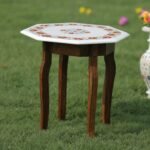 Handcrafted Marble Inlay Semi-Precious Stone Table Top | Octagonal Pietra Dura Floral Design Side Table - Image 2