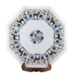 Handcrafted Marble Inlay Semi-Precious Stone Table Top | Octagonal Pietra Dura Deer & Floral Design - Image 2