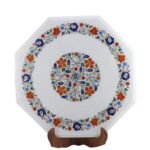 Handcrafted Marble Inlay Table Top with Double Floral Ring Pietra Dura Design | Semi-Precious Stone Octagonal Side Table - Image 3