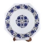 Handcrafted Marble Inlay Semi-Precious Stone Table Top | Octagonal Pietra Dura Blue Floral Design - Image 3