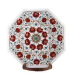 Handcrafted Marble Inlay Semi-Precious Stone Table Top | Octagonal Pietra Dura Red Floral Design - Image 3