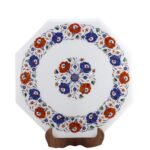 Handcrafted Marble Inlay Table Top with Floral Rosette Pietra Dura Design | Semi-Precious Stone Octagonal Side Table - Image 3