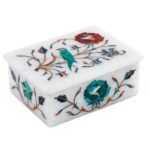 Handcrafted Marble Inlay Jewellery Box with Bird & Floral Design | Pietra Dura Box Using Semi-Precious Stones - Image 3