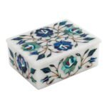Luxury Marble Inlay Jewellery Box with Blue & Green Floral Design | Handcrafted Pietra Dura Box Using Semi-Precious Stones - Image 3