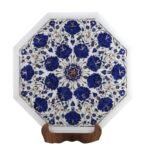 Luxury Handcrafted Marble Inlay Table Top with Blue Floral Pietra Dura Design | Semi-Precious Stone Octagonal Side Table - Image 3