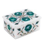 Handcrafted Marble Jewellery Box with Green Floral Semi-Precious Stone Inlay | Luxury Pietra Dura Trinket Box from Agra - Image 3