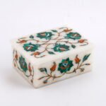 Handcrafted Marble Jewellery Box with Green Floral Semi-Precious Stone Inlay | Luxury Pietra Dura Art Box from Agra - Image 3