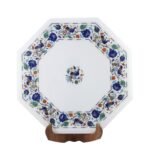 Handcrafted Marble Inlay Semi-Precious Stone Table Top | Octagonal Pietra Dura Floral & Bird Design - Image 3