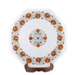 Handcrafted Marble Inlay Semi-Precious Stone Table Top | Octagonal Pietra Dura Floral Design Side Table - Image 3