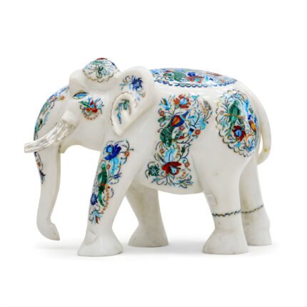 White Marble Elephant Figurine with Semi-Precious Stone