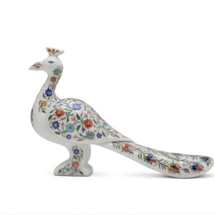 White Marble Peacock Figurine with Semi-Precious Stone Inlay