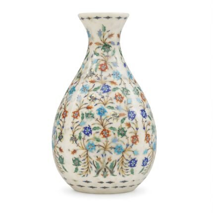 White Marble Vase with Multicolor Semi-Precious Stone Inlay