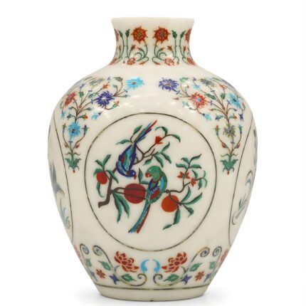 White Marble Vase with Parrot Design Inlay